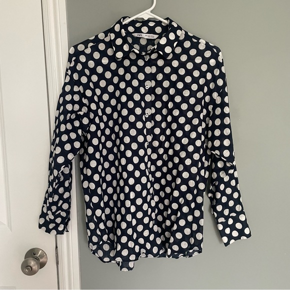 Zara Tops - Zara Linen Cotton Blend Polka Dot Button Down Long Sleeve